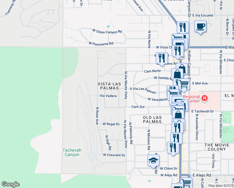 map of restaurants, bars, coffee shops, grocery stores, and more near 750 Vía Vadera in Palm Springs