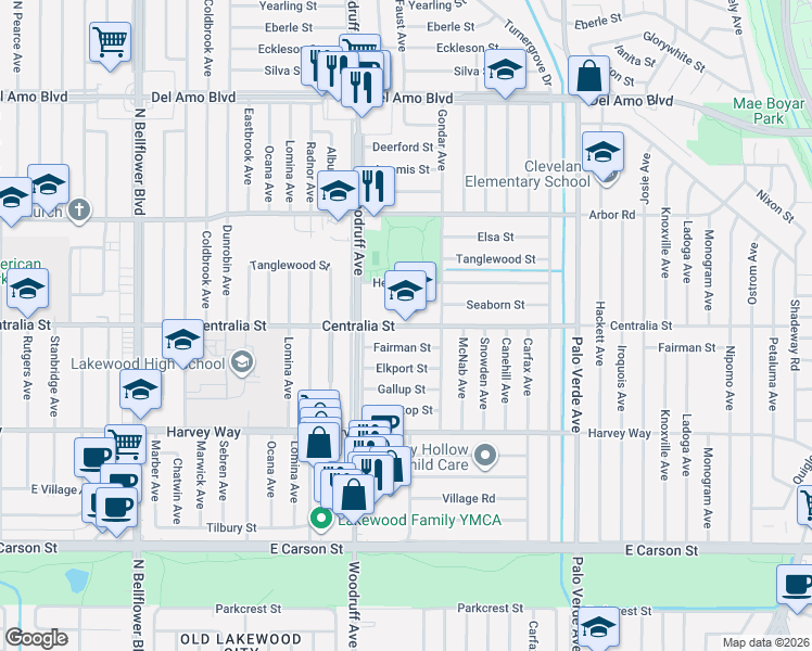 map of restaurants, bars, coffee shops, grocery stores, and more near 6011 Centralia Street in Lakewood
