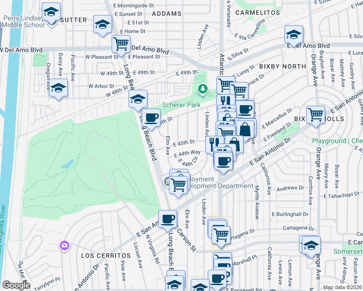 map of restaurants, bars, coffee shops, grocery stores, and more near 334 East 45th Street in Long Beach