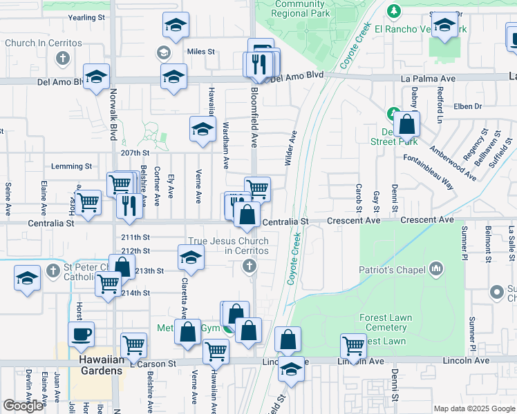 map of restaurants, bars, coffee shops, grocery stores, and more near 20914 Bloomfield Avenue in Lakewood