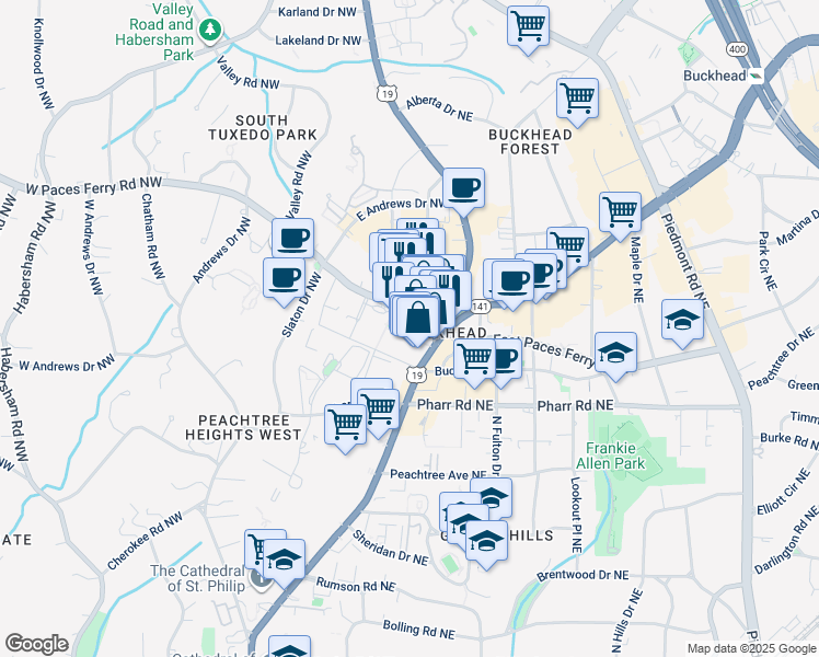 map of restaurants, bars, coffee shops, grocery stores, and more near 35 West Paces Ferry Road Northwest in Atlanta