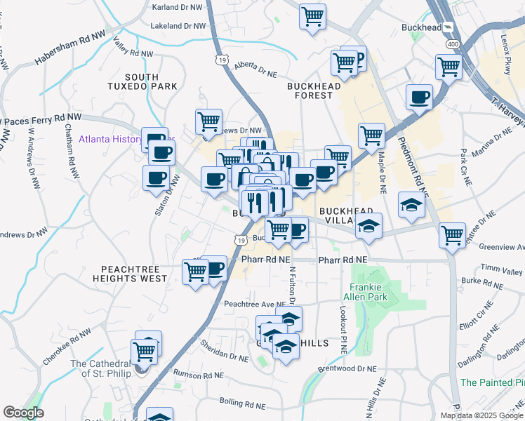 map of restaurants, bars, coffee shops, grocery stores, and more near 2840 Peachtree Road Northeast in Atlanta