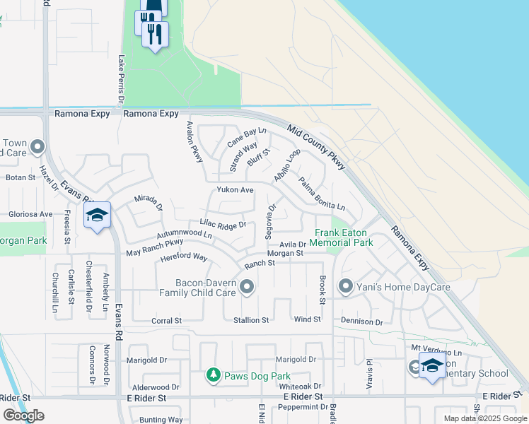 map of restaurants, bars, coffee shops, grocery stores, and more near 3714 Segovia Drive in Perris