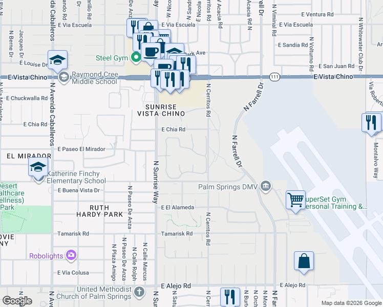 map of restaurants, bars, coffee shops, grocery stores, and more near 1931 Paseo Raqueta in Palm Springs