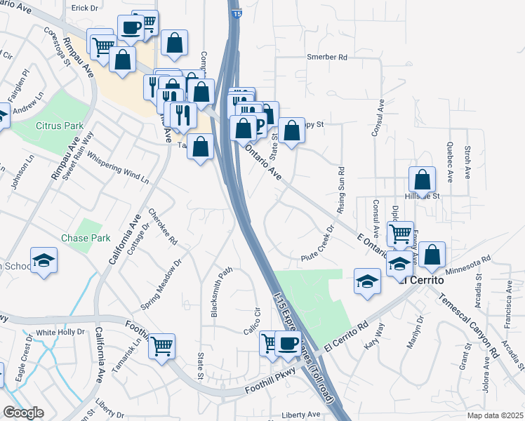 map of restaurants, bars, coffee shops, grocery stores, and more near 7237 Piute Creek Drive in Corona
