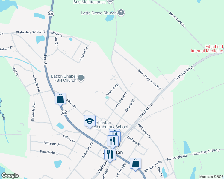 map of restaurants, bars, coffee shops, grocery stores, and more near 711 Maffett Street in Johnston
