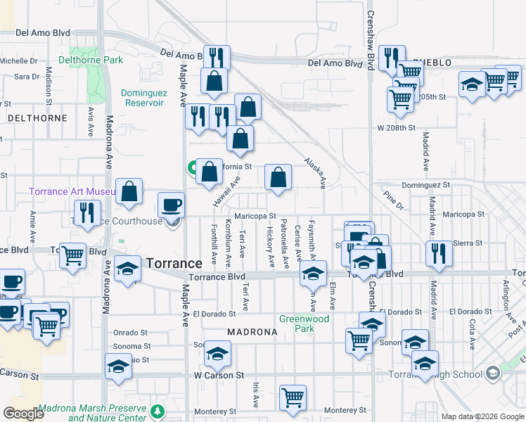 map of restaurants, bars, coffee shops, grocery stores, and more near 2763 Maricopa Street in Torrance