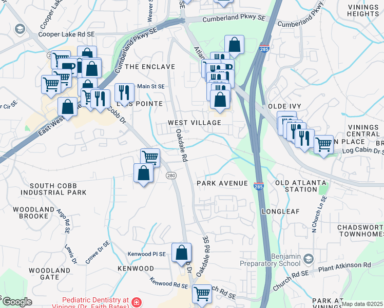map of restaurants, bars, coffee shops, grocery stores, and more near 2157 Park Avenue Southeast in Smyrna