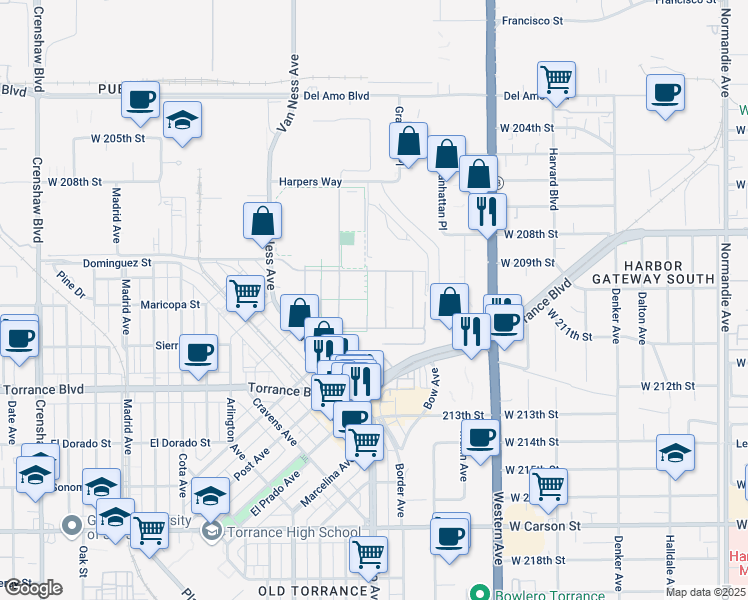 map of restaurants, bars, coffee shops, grocery stores, and more near 1919 Torrance Boulevard in Torrance