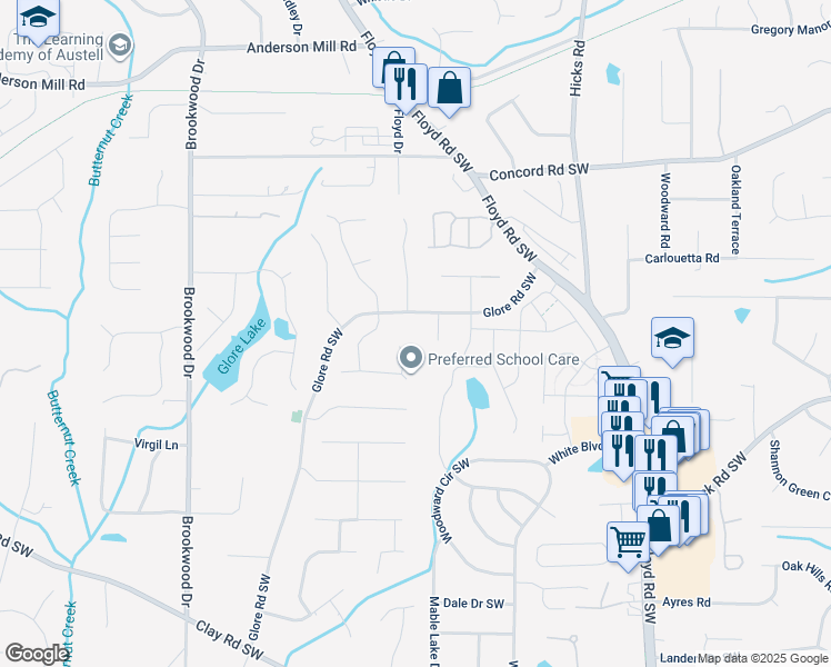 map of restaurants, bars, coffee shops, grocery stores, and more near 4667 Glore Road Southwest in Mableton