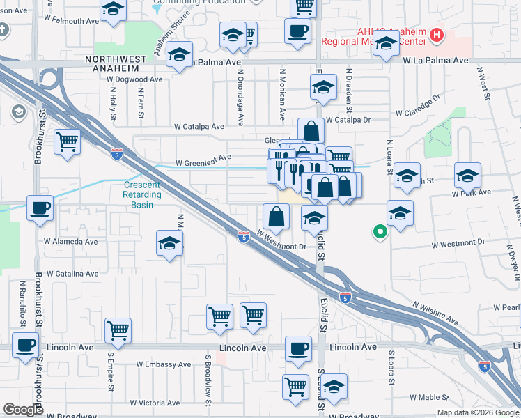 map of restaurants, bars, coffee shops, grocery stores, and more near 1786 West Glencrest Avenue in Anaheim