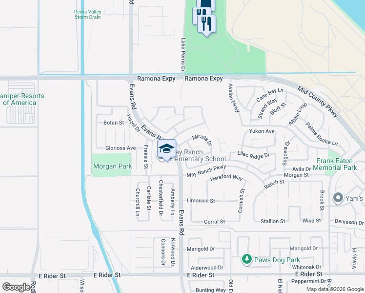 map of restaurants, bars, coffee shops, grocery stores, and more near 1006 Mirada Drive in Perris