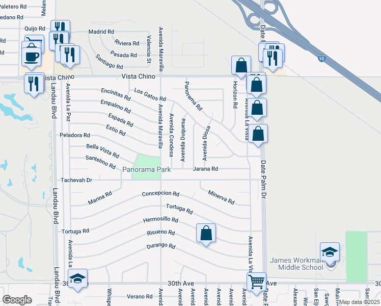 map of restaurants, bars, coffee shops, grocery stores, and more near 28703 Avenida Marquesa in Cathedral City