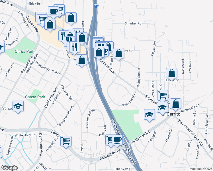 map of restaurants, bars, coffee shops, grocery stores, and more near 7237 Piute Creek Drive in Corona