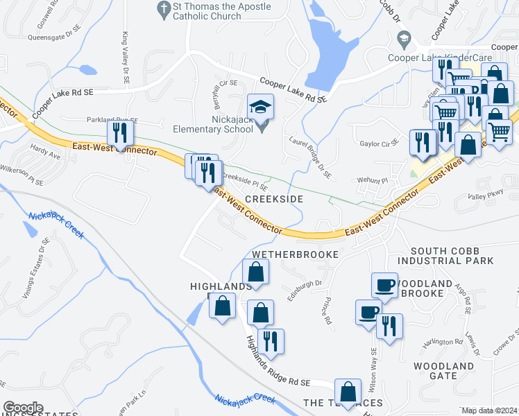 map of restaurants, bars, coffee shops, grocery stores, and more near 425 Creekview Trail Southeast in Smyrna