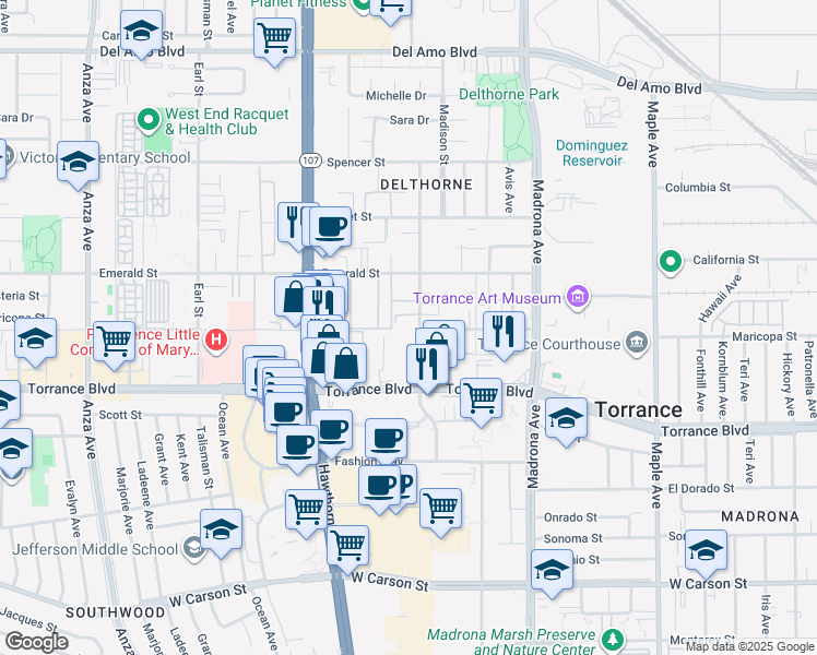map of restaurants, bars, coffee shops, grocery stores, and more near 20927 Amie Avenue in Torrance
