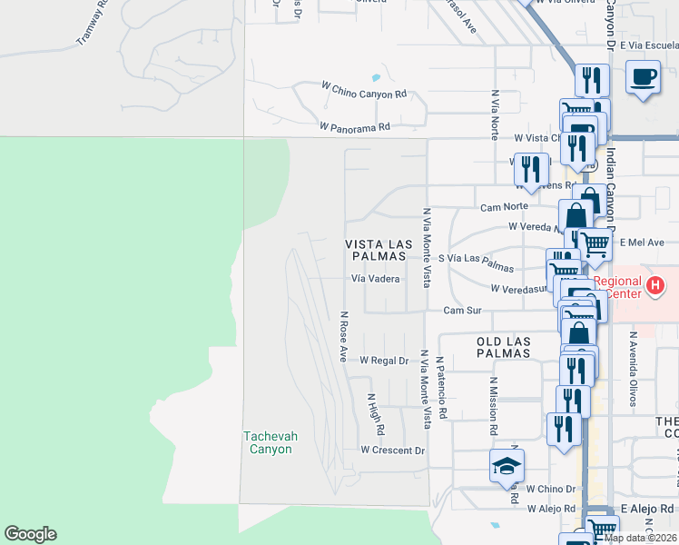map of restaurants, bars, coffee shops, grocery stores, and more near 1000 Vía Vadera in Palm Springs