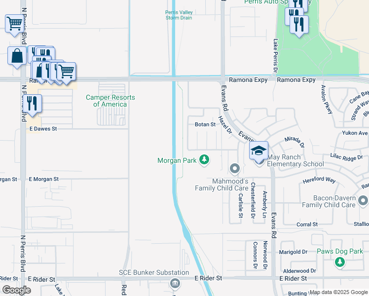 map of restaurants, bars, coffee shops, grocery stores, and more near 3686 Veronica Avenue in Perris