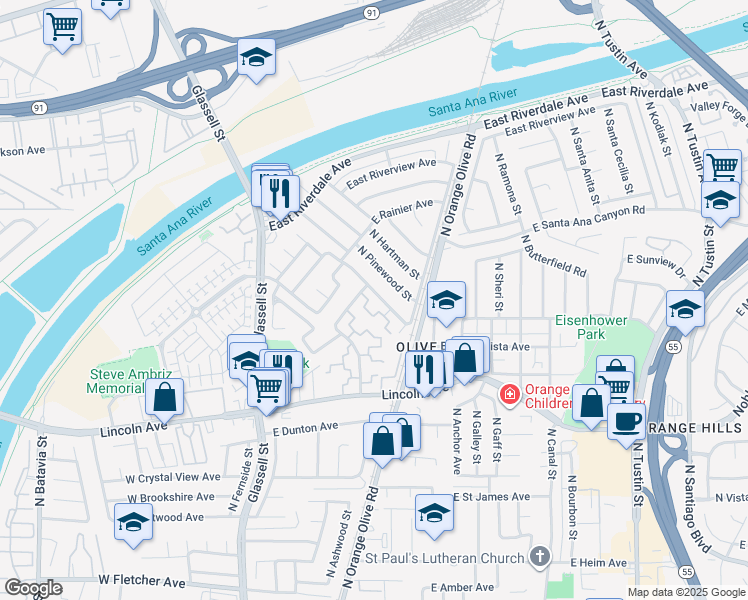 map of restaurants, bars, coffee shops, grocery stores, and more near 3029 North Cottonwood Street in Orange