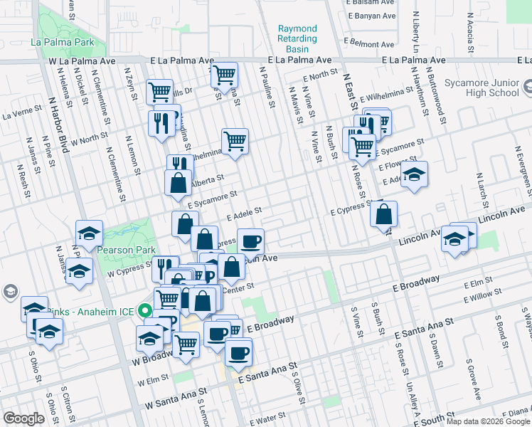 map of restaurants, bars, coffee shops, grocery stores, and more near 417 East Adele Street in Anaheim