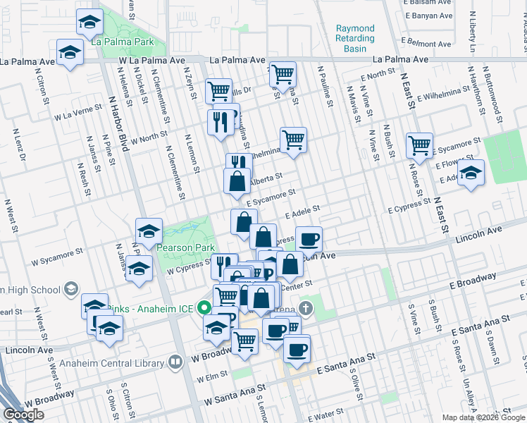 map of restaurants, bars, coffee shops, grocery stores, and more near 412 North Claudina Street in Anaheim