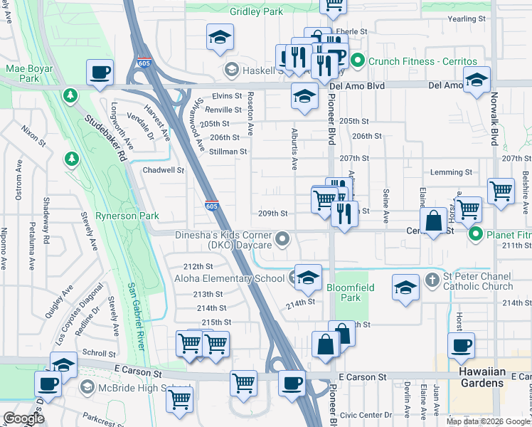 map of restaurants, bars, coffee shops, grocery stores, and more near 11613 209th Street in Lakewood