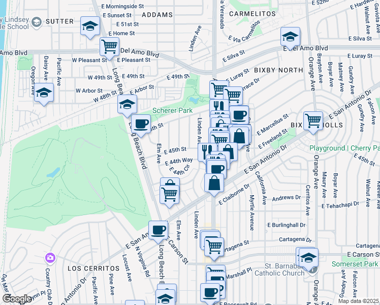 map of restaurants, bars, coffee shops, grocery stores, and more near 4503 Linden Avenue in Long Beach