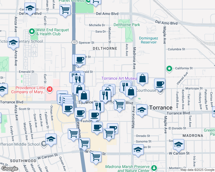 map of restaurants, bars, coffee shops, grocery stores, and more near 20936 Amie Avenue in Torrance