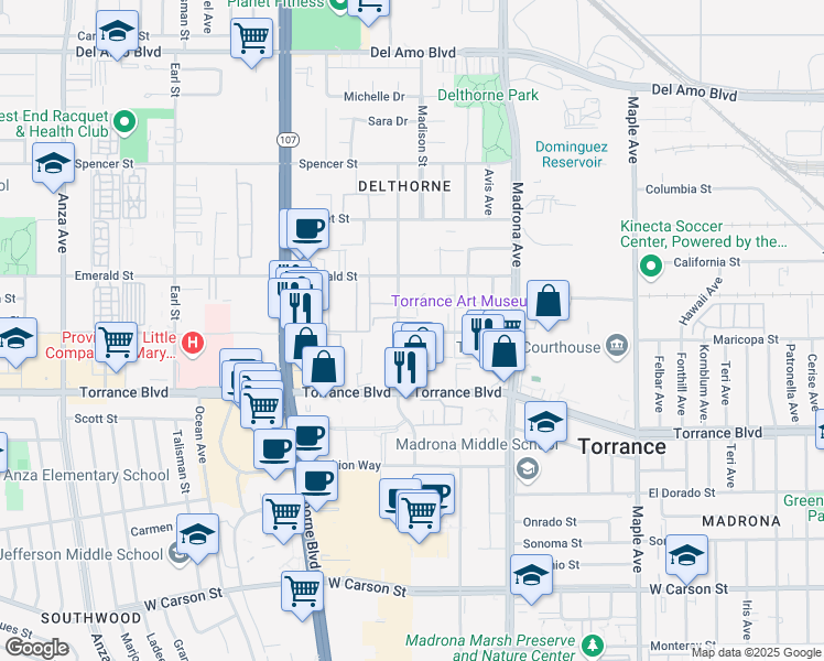 map of restaurants, bars, coffee shops, grocery stores, and more near 20924 Amie Avenue in Torrance