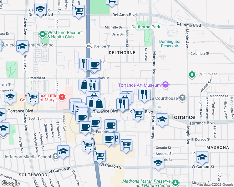 map of restaurants, bars, coffee shops, grocery stores, and more near 20917 Amie Avenue in Torrance