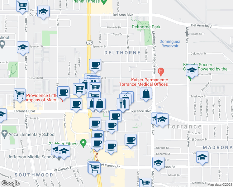 map of restaurants, bars, coffee shops, grocery stores, and more near 20917 Amie Avenue in Torrance