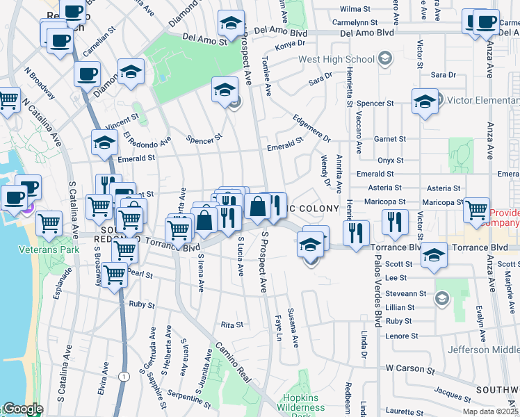 map of restaurants, bars, coffee shops, grocery stores, and more near 210 South Lucia Avenue in Redondo Beach