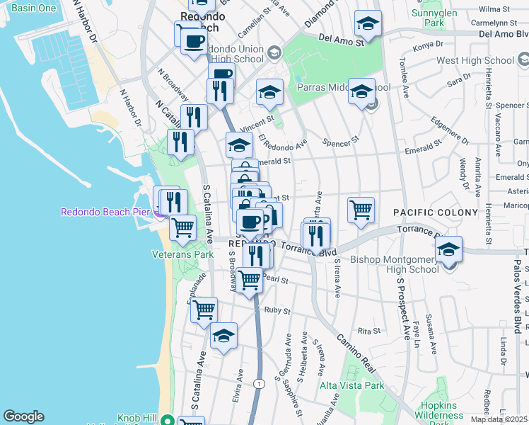map of restaurants, bars, coffee shops, grocery stores, and more near 201 Camino Real in Redondo Beach