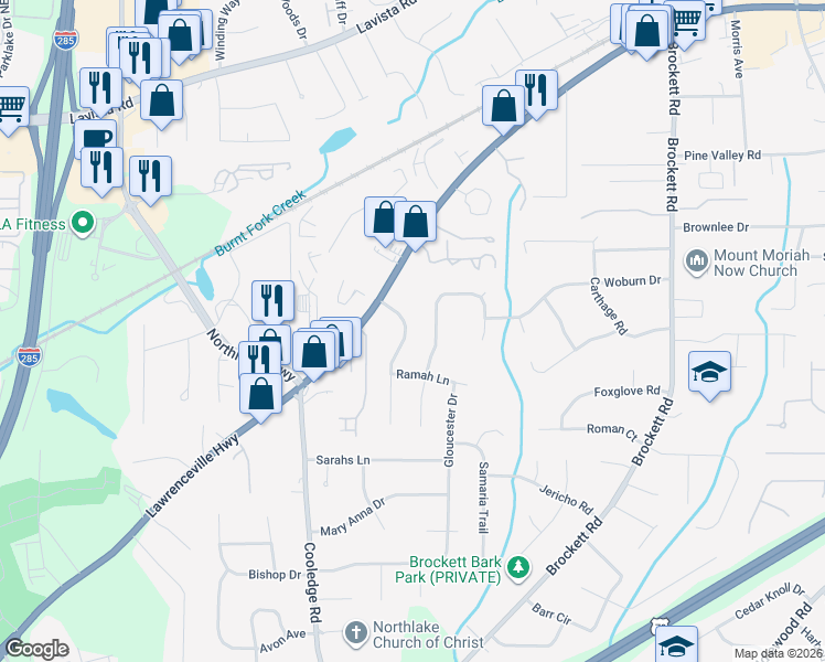 map of restaurants, bars, coffee shops, grocery stores, and more near 1937 Hebron Hills Drive in Tucker