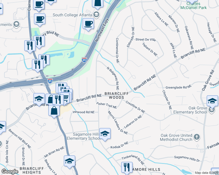 map of restaurants, bars, coffee shops, grocery stores, and more near 2097 Fairwood Lane Northeast in Atlanta