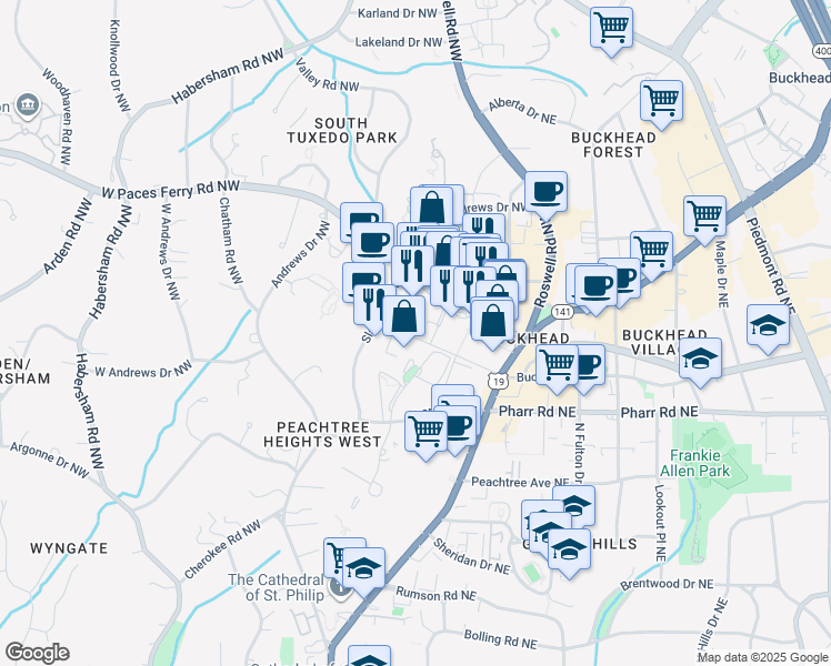 map of restaurants, bars, coffee shops, grocery stores, and more near 92 West Paces Ferry Road Northwest in Atlanta