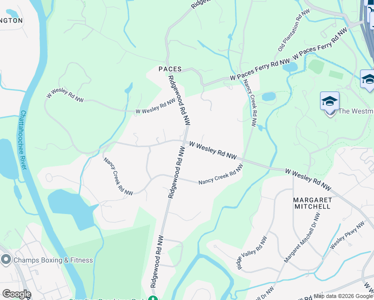 map of restaurants, bars, coffee shops, grocery stores, and more near 1818 West Wesley Road Northwest in Atlanta