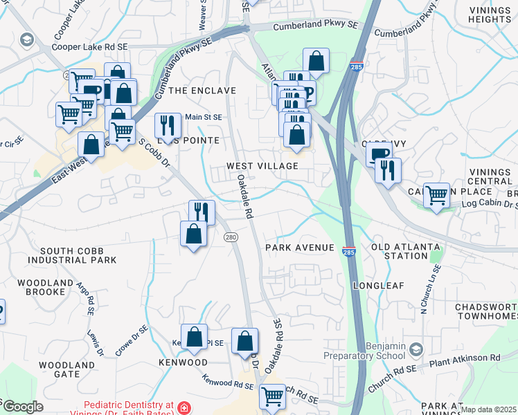 map of restaurants, bars, coffee shops, grocery stores, and more near 2157 Park Avenue Southeast in Smyrna