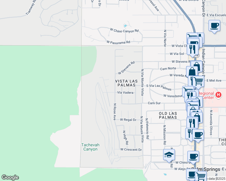 map of restaurants, bars, coffee shops, grocery stores, and more near 1000 Vía Vadera in Palm Springs
