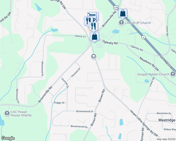 map of restaurants, bars, coffee shops, grocery stores, and more near 4992 Cheryl Circle in Powder Springs