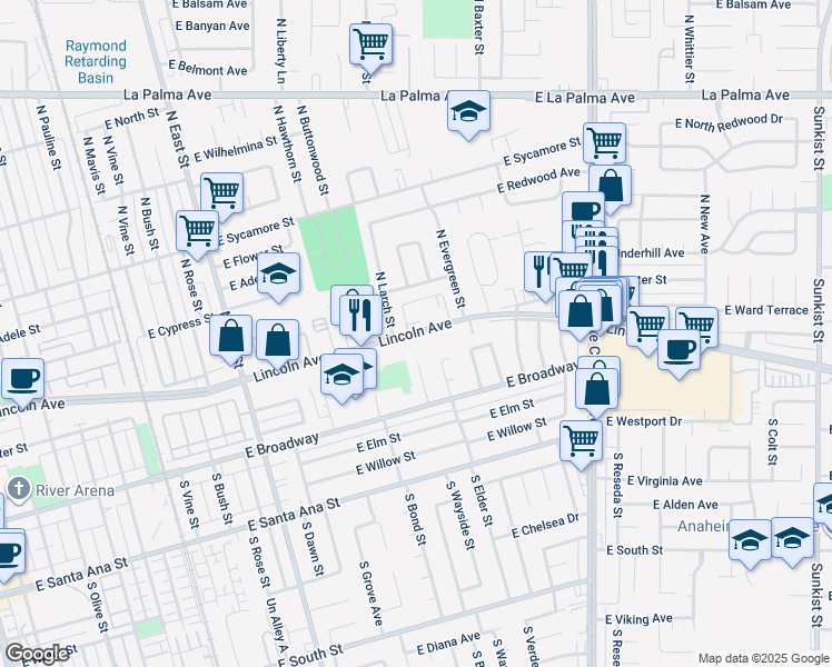 map of restaurants, bars, coffee shops, grocery stores, and more near 1613 East Lincoln Avenue in Anaheim
