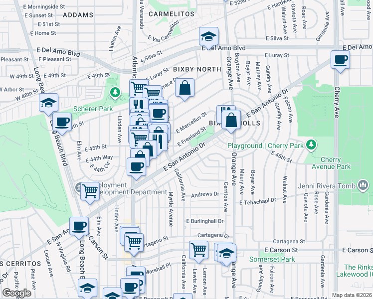 map of restaurants, bars, coffee shops, grocery stores, and more near 1032 East Freeland Street in Long Beach