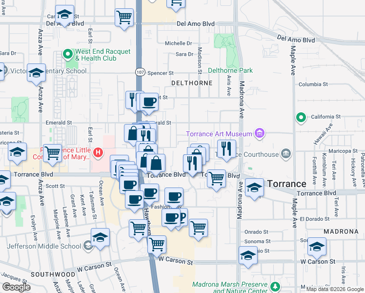 map of restaurants, bars, coffee shops, grocery stores, and more near 20917 Amie Avenue in Torrance