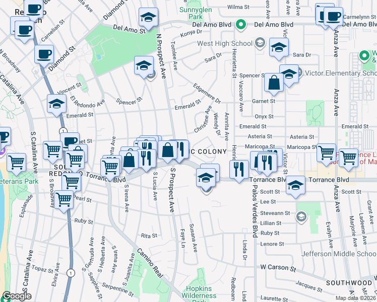 map of restaurants, bars, coffee shops, grocery stores, and more near 20927 Tomlee Avenue in Torrance