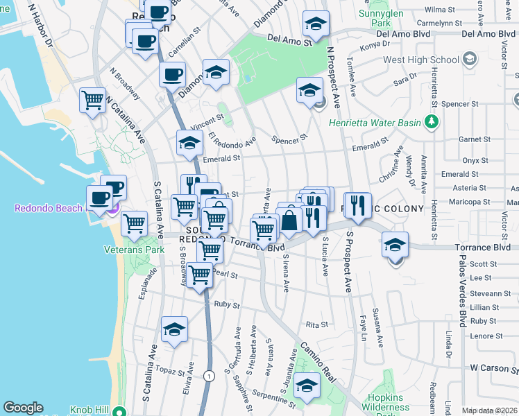 map of restaurants, bars, coffee shops, grocery stores, and more near 205 South Helberta Avenue in Redondo Beach
