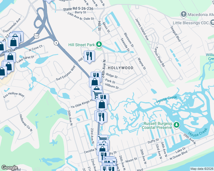 map of restaurants, bars, coffee shops, grocery stores, and more near 2408 Park Street in North Myrtle Beach