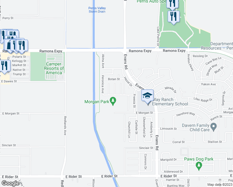 map of restaurants, bars, coffee shops, grocery stores, and more near 3681 Solandra Street in Perris