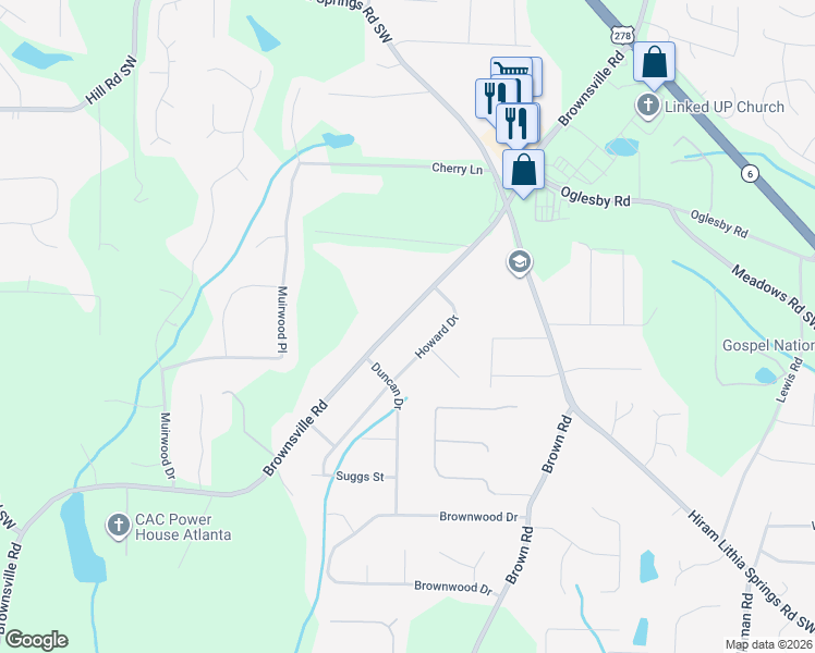 map of restaurants, bars, coffee shops, grocery stores, and more near 4721 Brownsville Road in Powder Springs