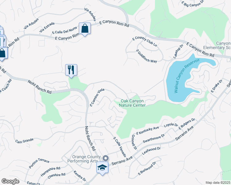 map of restaurants, bars, coffee shops, grocery stores, and more near 6581 East Camino Vista in Anaheim