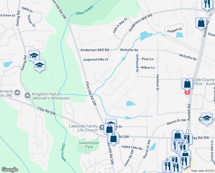 map of restaurants, bars, coffee shops, grocery stores, and more near 4667 Pentry Road in Austell